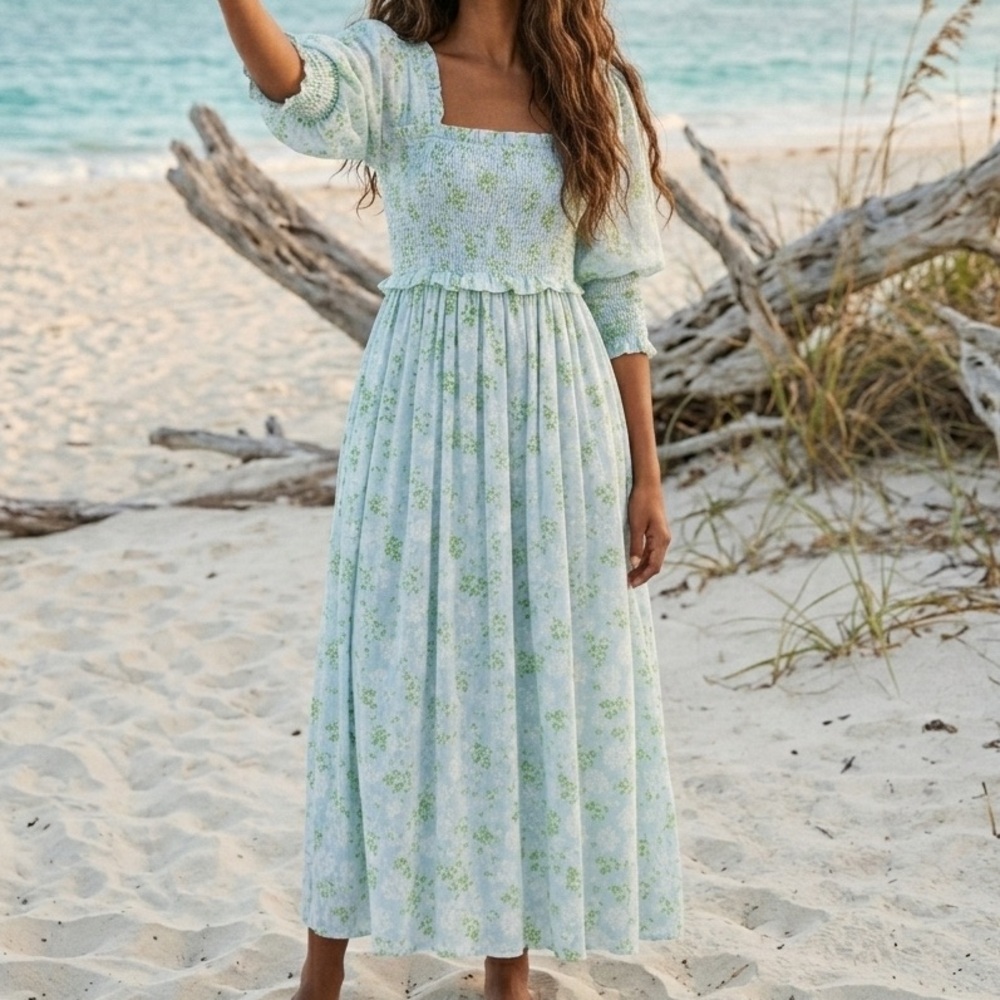 Ganni Shirred Smocked Floral Cotton Silk Puff Sleeve Maxi Dress EU 42 US XL